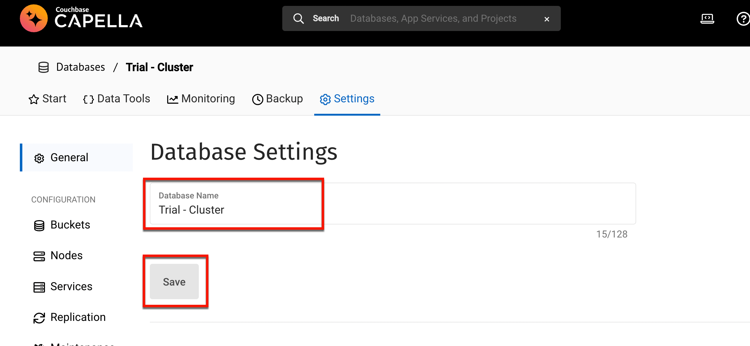 Couchbase Capella rename database